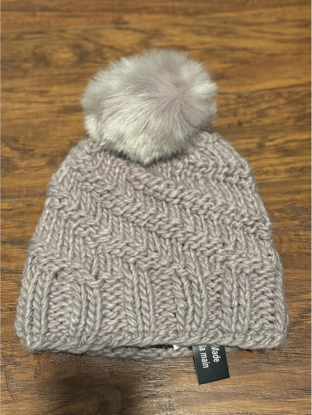 Free People Dove Gray Cable Knit Pom Beanie Faux Fur Pom Pom Chunky Winter Hat